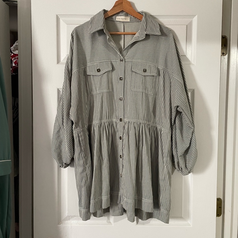 By Together Gray & White Striped Button-Front Dress